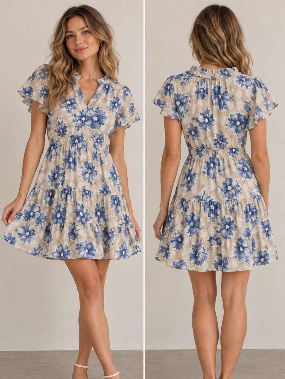 NWT BTFBM Floral Tiered Mini Dress S Blue Cream Flutter Sleeve V Neck